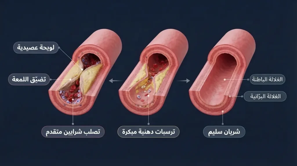 مقطع طولي ثلاثي الأبعاد لشريان تاجي يوضح ثلاث مراحل من تصلب الشرايين بدءاً من الشريان السليم مروراً بالترسبات الدهنية المبكرة وصولاً إلى التضيق المتقدم بنسبة 70 بالمئة