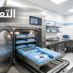 جهاز أوتوكلاف حديث في غرفة تعقيم مستشفى مع أدوات جراحية معقمة ومؤشر كيميائي ظاهر على العبوة.
