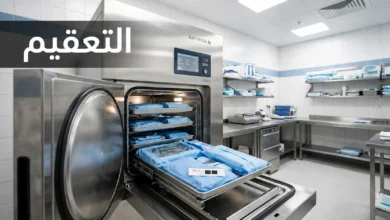 جهاز أوتوكلاف حديث في غرفة تعقيم مستشفى مع أدوات جراحية معقمة ومؤشر كيميائي ظاهر على العبوة.