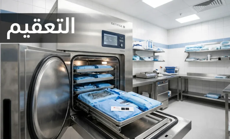 جهاز أوتوكلاف حديث في غرفة تعقيم مستشفى مع أدوات جراحية معقمة ومؤشر كيميائي ظاهر على العبوة.