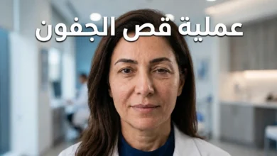 صورة غلاف لمقال عملية قص الجفون تُظهر وجه سيدة بملامح شرق أوسطية مع ترهل خفيف في الجفن العلوي وإضاءة طبية ناعمة.