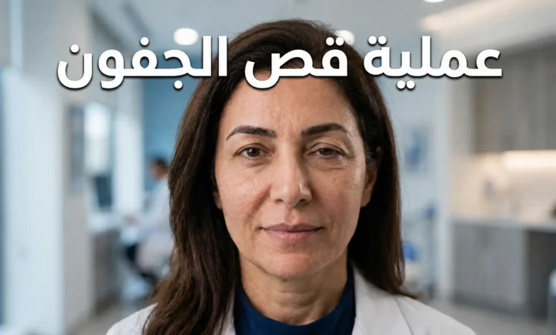 صورة غلاف لمقال عملية قص الجفون تُظهر وجه سيدة بملامح شرق أوسطية مع ترهل خفيف في الجفن العلوي وإضاءة طبية ناعمة.