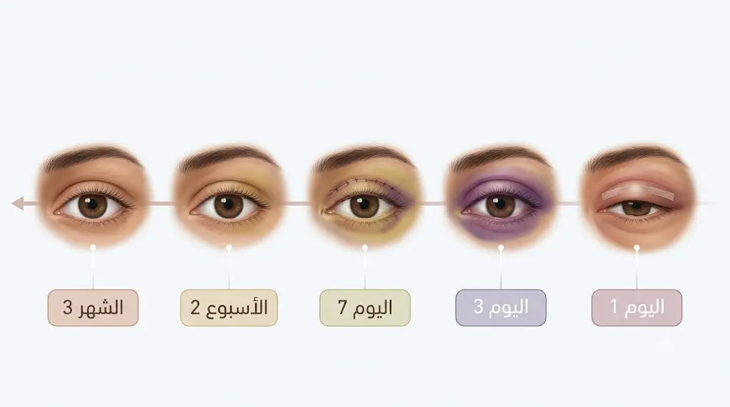 رسم طبي يعرض مراحل التعافي بعد عملية قص الجفون من اليوم الأول حتى الشهر الثالث مع تغيرات التورم والكدمات.