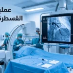 غرفة قسطرة قلبية حديثة تظهر فيها شاشة تصوير وعائي تاجي مع أنبوب قسطرة على طاولة معقمة ونص عربي يقرأ عملية القسطرة القلبية