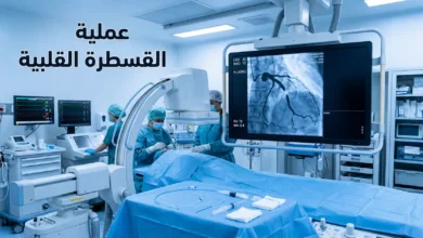 غرفة قسطرة قلبية حديثة تظهر فيها شاشة تصوير وعائي تاجي مع أنبوب قسطرة على طاولة معقمة ونص عربي يقرأ عملية القسطرة القلبية