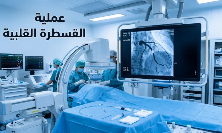 غرفة قسطرة قلبية حديثة تظهر فيها شاشة تصوير وعائي تاجي مع أنبوب قسطرة على طاولة معقمة ونص عربي يقرأ عملية القسطرة القلبية