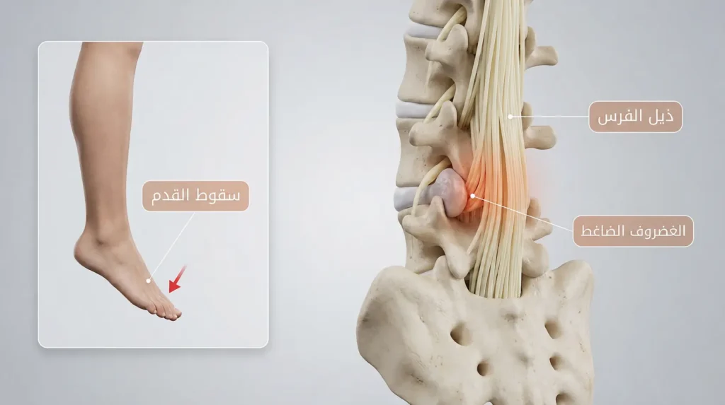 رسم طبي واقعي يوضح متلازمة ذيل الفرس مع ضغط غضروفي كبير على حزمة الأعصاب وسقوط القدم كعلامة تحذيرية