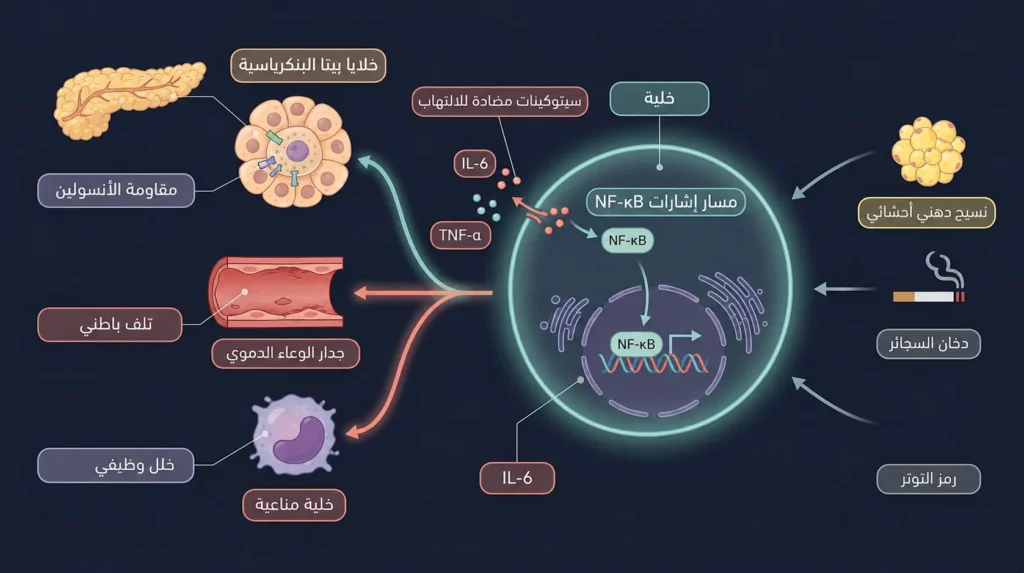 رسم توضيحي طبي يُظهر آلية الالتهاب المزمن منخفض الدرجة ومسار NF-κB وتأثيره على البنكرياس والأوعية الدموية