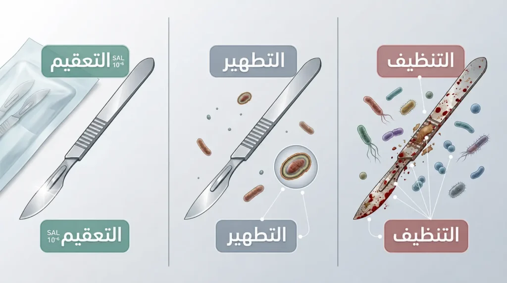رسم توضيحي طبي يُقارن بين ثلاث مراحل لمعالجة الأدوات الجراحية: التنظيف والتطهير والتعقيم مع إظهار العبء الميكروبي في كل مرحلة.