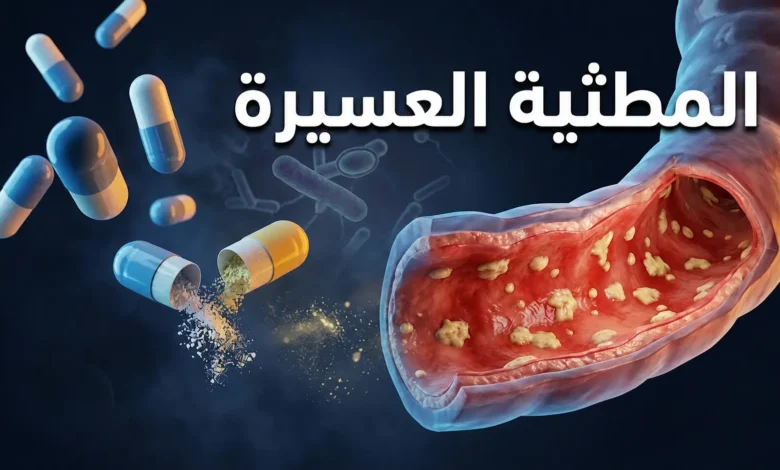 صورة غلاف طبية ثلاثية الأبعاد تُظهر مقطعاً عرضياً لقولون ملتهب مع أغشية كاذبة وكبسولات مضادات حيوية متناثرة وبكتيريا المطثية العسيرة في الخلفية.