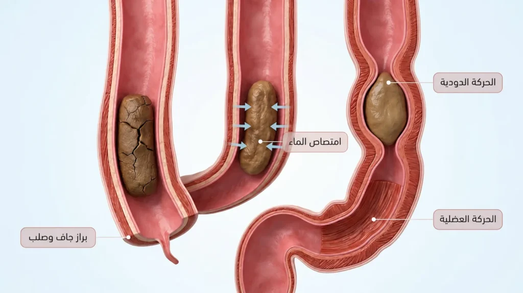 رسم طبي ثلاثي الأبعاد يوضح مقطعاً عرضياً في القولون يُظهر الحركة الدودية وامتصاص الماء وتحوّل البراز من ليّن إلى جاف وصلب