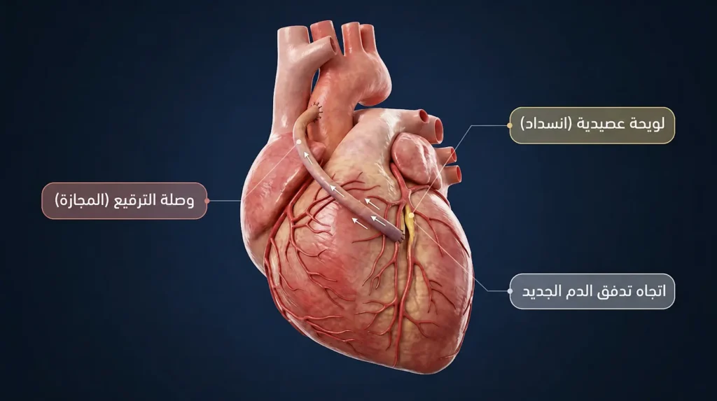 رسم ثلاثي الأبعاد واقعي للقلب يوضح عملية ترقيع الشرايين التاجية مع وصلة تتجاوز اللويحة العصيدية واتجاه تدفق الدم الجديد.