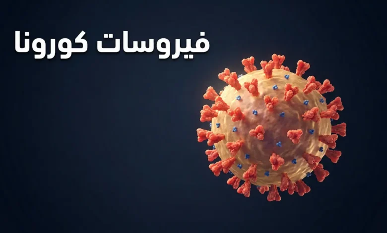 صورة ثلاثية الأبعاد واقعية لفيروس كورونا SARS-CoV-2 تُظهر البروتينات الشوكية والغلاف الدهني مع عنوان فيروسات كورونا