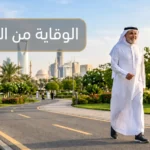 رجل عربي كبير في السن يمشي بنشاط في حديقة خضراء صباحاً مع عبارة الوقاية من الخرف كعنوان للمقال
