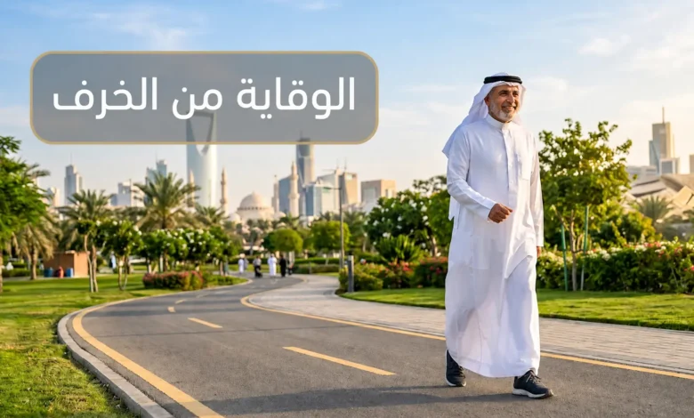 رجل عربي كبير في السن يمشي بنشاط في حديقة خضراء صباحاً مع عبارة الوقاية من الخرف كعنوان للمقال