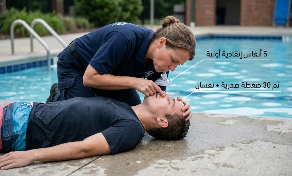 مسعف يفتح مجرى الهواء لشخص غريق ويعطيه أنفاس إنقاذية أولية على سطح صلب بجانب المسبح