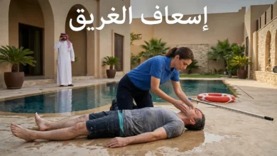 مسعف يقيّم مجرى الهواء والتنفس لشخص جرى انتشاله من مسبح مع ظهور عبارة إسعاف الغريق على الغلاف