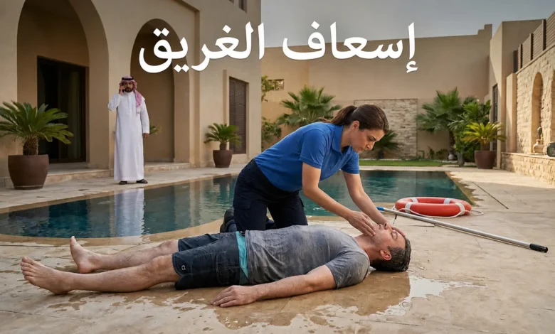 مسعف يقيّم مجرى الهواء والتنفس لشخص جرى انتشاله من مسبح مع ظهور عبارة إسعاف الغريق على الغلاف