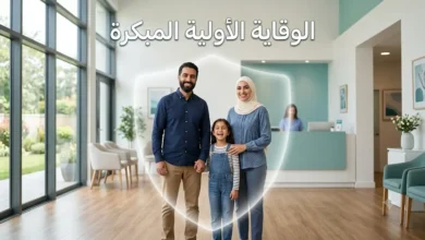 صورة غلاف تُظهر عائلة عربية سعيدة محاطة بدرع وقائي شفاف داخل عيادة طبية حديثة مع عنوان الوقاية الأولية المبكرة
