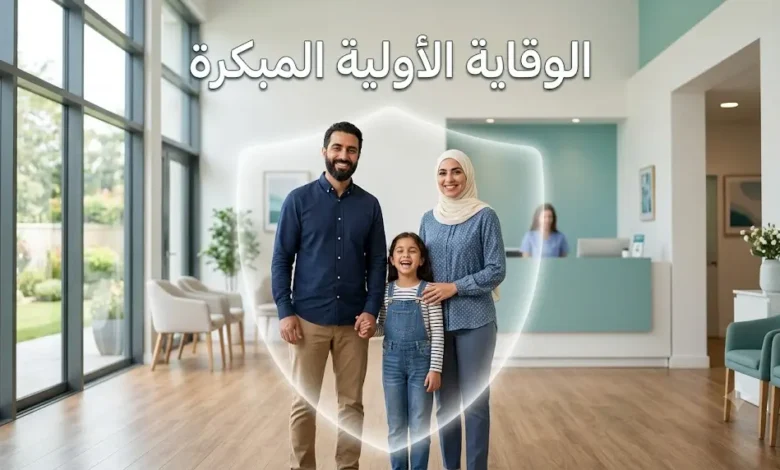 صورة غلاف تُظهر عائلة عربية سعيدة محاطة بدرع وقائي شفاف داخل عيادة طبية حديثة مع عنوان الوقاية الأولية المبكرة