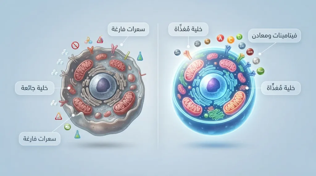 رسم طبي واقعي يقارن بين خلية بشرية مُغذّاة جيداً بالفيتامينات والمعادن وخلية جائعة محاطة بالسعرات الفارغة من السكر والدهون المتحولة
