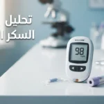 صورة غلاف تعرض جهاز قياس سكر الدم وأنبوب تحليل مخبري على سطح أبيض نظيف مع عنوان تحليل السكر الصائم