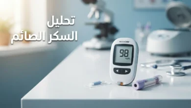 صورة غلاف تعرض جهاز قياس سكر الدم وأنبوب تحليل مخبري على سطح أبيض نظيف مع عنوان تحليل السكر الصائم