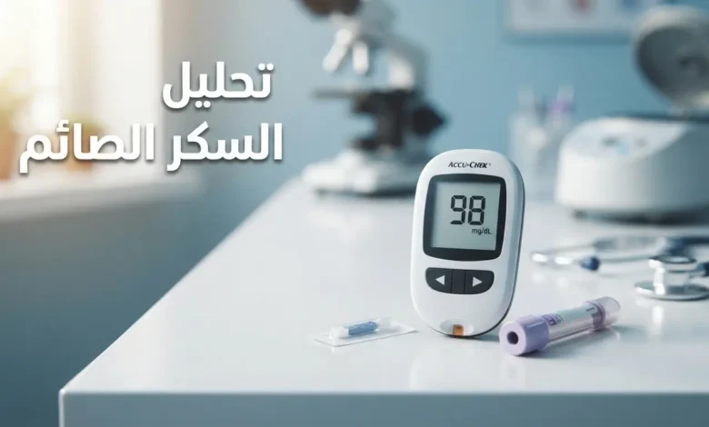 صورة غلاف تعرض جهاز قياس سكر الدم وأنبوب تحليل مخبري على سطح أبيض نظيف مع عنوان تحليل السكر الصائم
