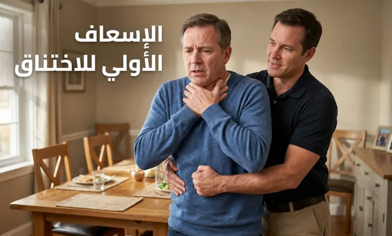 رجل يُطبّق مناورة هيمليك على شخص بالغ يختنق في غرفة طعام منزلية، مع توضيح وضعية اليدين الصحيحة فوق السرّة مباشرة — الإسعاف الأولي للاختناق