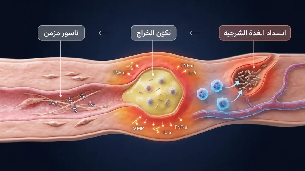 رسم ثلاثي الأبعاد يوضح مراحل تحوّل الخراج الشرجي إلى ناسور مزمن على المستوى الخلوي والجزيئي