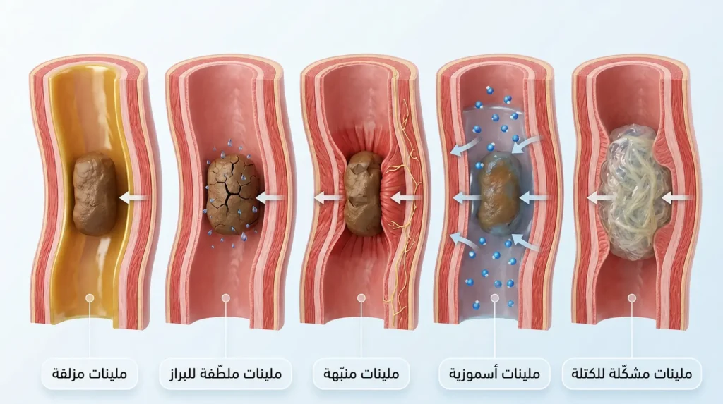 رسم طبي ثلاثي الأبعاد يقارن بين خمسة أنواع من الملينات عبر مقاطع عرضية في القولون توضّح آلية عمل كل نوع