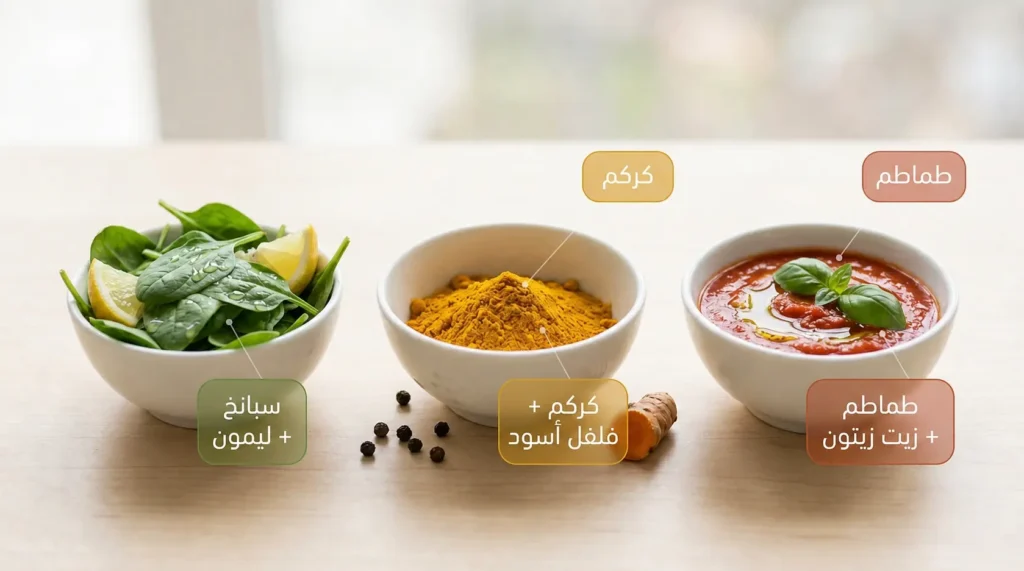 ثلاثة أوعية أنيقة تعرض أبرز تركيبات التآزر الغذائي: طماطم مطبوخة مع زيت الزيتون وكركم مع فلفل أسود وسبانخ مع ليمون