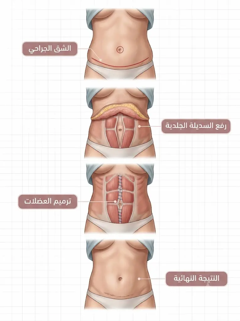 رسم توضيحي طبي يُظهر الخطوات الجراحية الأساسية لعملية شد البطن الكامل من الشق حتى الإغلاق النهائي