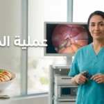 صورة غلاف لمقال عملية المرارة تظهر جراحة تحمل أداة منظار في بيئة مستشفى حديثة مع طبق طعام صحي يرمز للتعافي بعد الجراحة