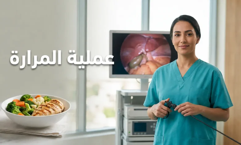 صورة غلاف لمقال عملية المرارة تظهر جراحة تحمل أداة منظار في بيئة مستشفى حديثة مع طبق طعام صحي يرمز للتعافي بعد الجراحة