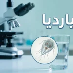 صورة غلاف توضيحية لمقال طبي عن طفيل الجيارديا تظهر فيها كأس ماء مع رسم تكبيري واقعي لطفيل الجيارديا لامبليا في بيئة مخبرية طبية نظيفة