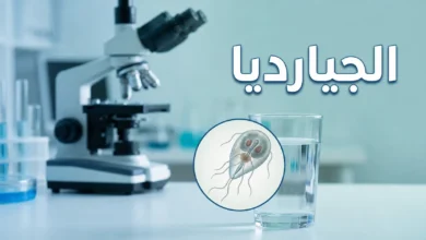 صورة غلاف توضيحية لمقال طبي عن طفيل الجيارديا تظهر فيها كأس ماء مع رسم تكبيري واقعي لطفيل الجيارديا لامبليا في بيئة مخبرية طبية نظيفة