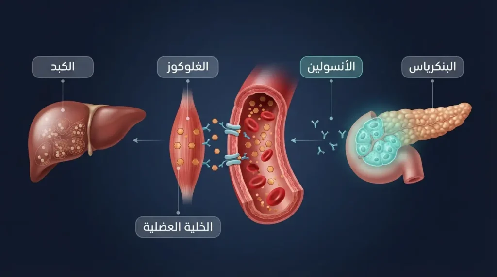 رسم طبي ثلاثي الأبعاد يوضّح دورة تنظيم الغلوكوز والأنسولين بين البنكرياس والدم والكبد والخلية العضلية