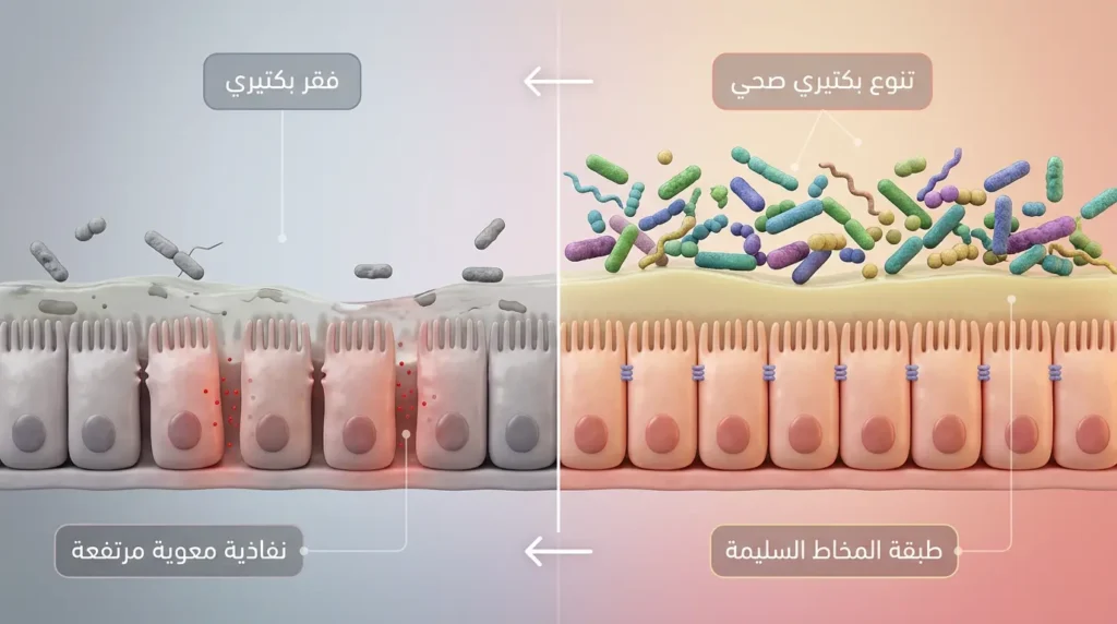رسم طبي يقارن بين ميكروبيوم أمعاء متنوع وصحي وميكروبيوم فقير ومُختل نتيجة الأنظمة الغذائية الإقصائية طويلة الأمد