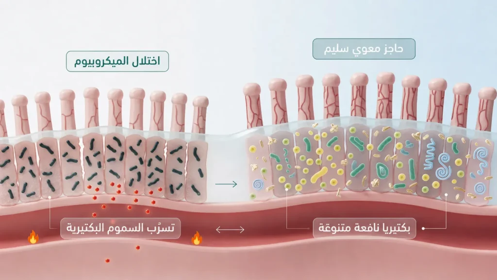 رسم طبي يقارن بين حاجز معوي سليم يحتوي على بكتيريا نافعة متنوعة وحاجز معوي مختل يسمح بتسرّب السموم البكتيرية إلى مجرى الدم