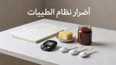 صورة غلاف واقعية تُظهر جهاز قياس سكر مع ملاعق سكر وزبدة وعبوة دهن كاكاو وبندق بلا علامة تجارية للتعبير عن أضرار نظام الطيبات.