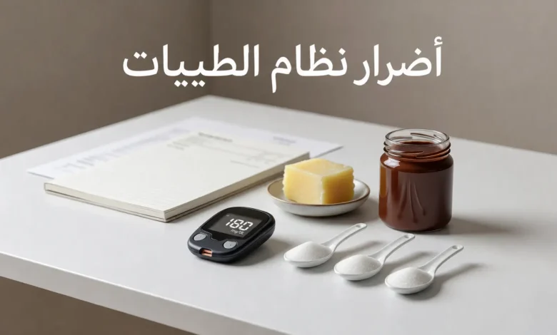 صورة غلاف واقعية تُظهر جهاز قياس سكر مع ملاعق سكر وزبدة وعبوة دهن كاكاو وبندق بلا علامة تجارية للتعبير عن أضرار نظام الطيبات.