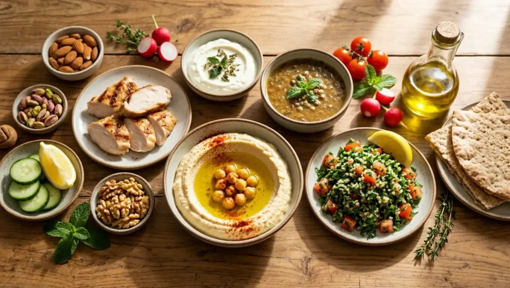 مائدة عربية تقليدية صحية تحتوي على حمص بالطحينة وتبولة وشوربة عدس وخبز أسمر ولبنة وصدور دجاج مشوي ومكسرات نيئة وزيت زيتون بكر وخضروات طازجة