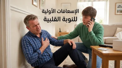 صورة غلاف توضيحية تظهر شخصاً يعاني من ألم في الصدر وبجانبه شخص آخر يقدم الإسعافات الأولية للنوبة القلبية ويتصل بالإسعاف مع وجود أسبرين على طاولة قريبة