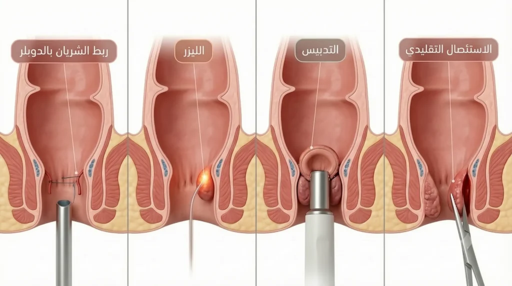 رسم طبي ثلاثي الأبعاد يقارن بين أربع تقنيات لعملية البواسير وهي الاستئصال التقليدي والتدبيس والليزر وربط الشريان بالدوبلر