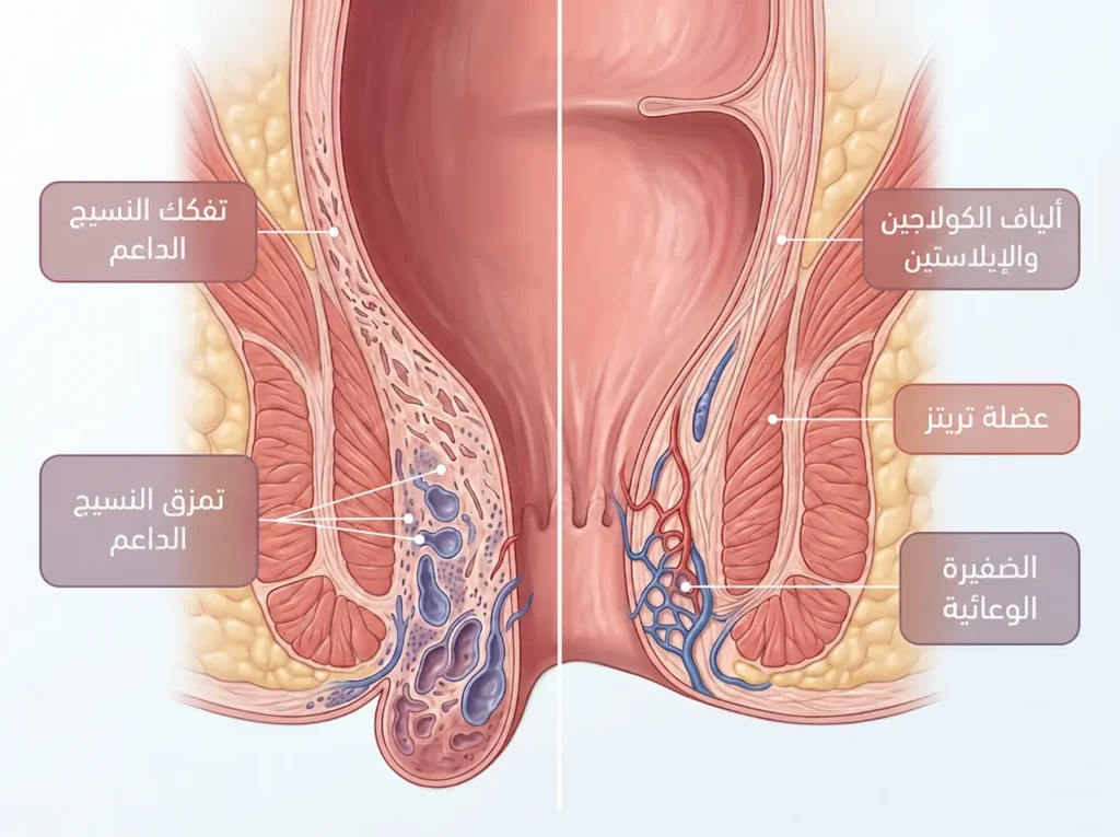 رسم طبي واقعي يقارن بين الوسادة الباسورية الطبيعية والمتضررة مع تحديد ألياف الكولاجين وعضلة تريتز والضفيرة الوعائية
