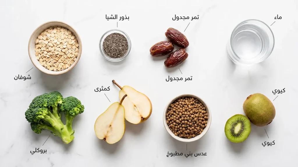 صورة طعام احترافية تعرض أطعمة غنية بالألياف موصى بها بعد عملية البواسير تشمل الشوفان وبذور الشيا والتمر والكمثرى والبروكلي والعدس والكيوي
