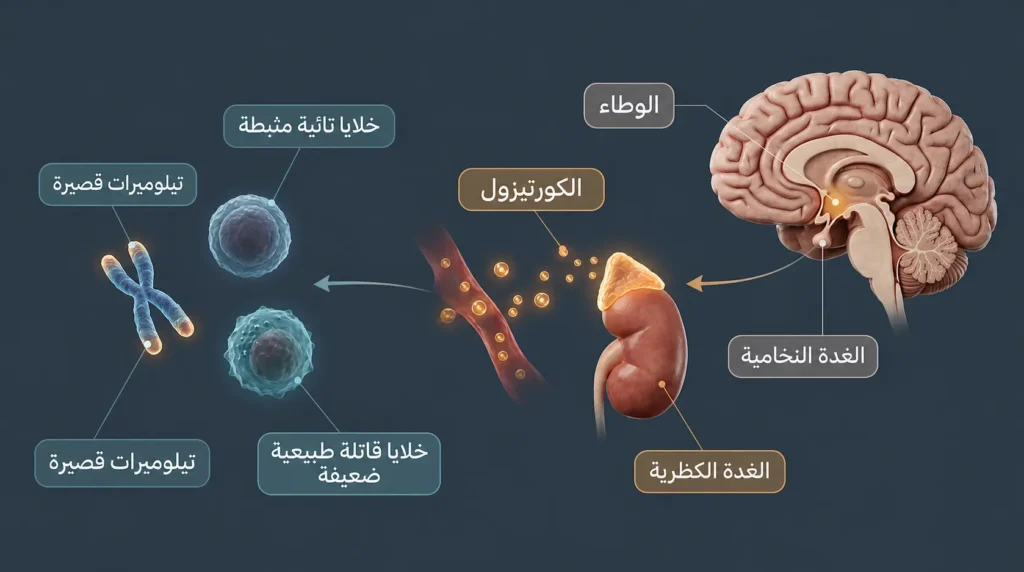 رسم ثلاثي الأبعاد واقعي يُظهر محور الوطاء-النخامية-الكظرية وتأثير الكورتيزول المزمن على تثبيط الخلايا المناعية
