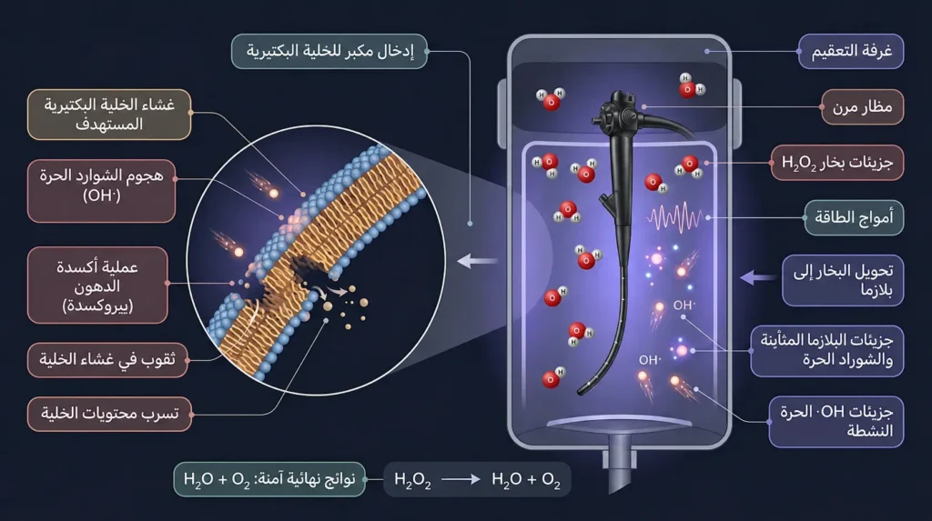رسم توضيحي طبي يُظهر آلية عمل بلازما بيروكسيد الهيدروجين في تعقيم الأدوات الطبية عبر الجذور الحرة والأكسدة الشحمية لأغشية البكتيريا.