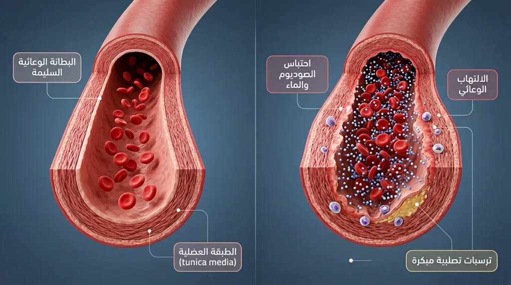 رسم طبي ثلاثي الأبعاد يقارن بين شريان طبيعي سليم وشريان متضرر بارتفاع ضغط الدم نتيجة عاملين متزامنين هما احتباس الصوديوم والالتهاب الوعائي